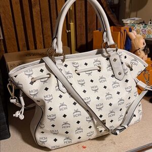 MCM Ivory and Black Logo Tote